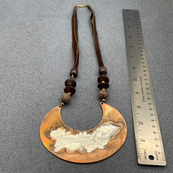 Copper Crescent BoHo Necklace Statement Silver Gold Wood Brown Suede - Picture 6 of 7